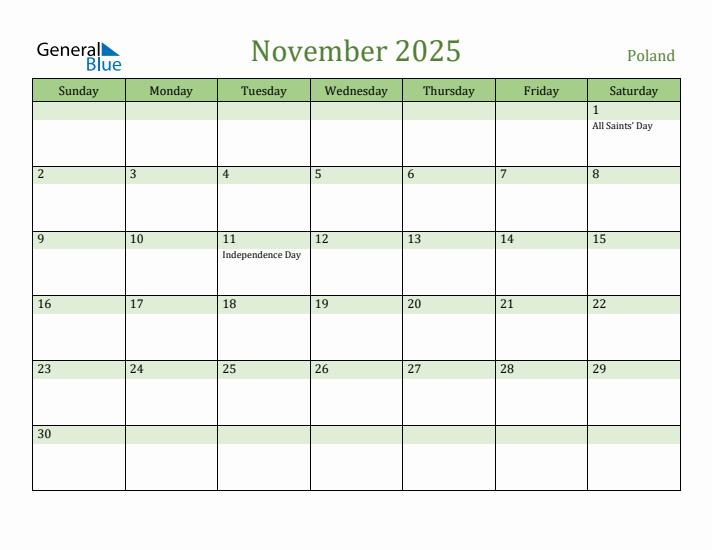 November 2025 Calendar with Poland Holidays