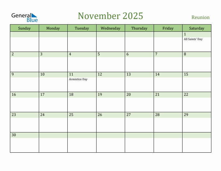 November 2025 Calendar with Reunion Holidays