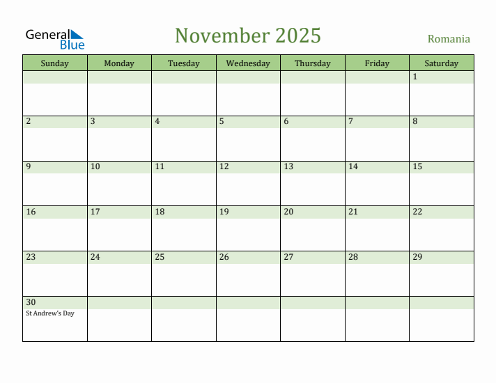 November 2025 Calendar with Romania Holidays