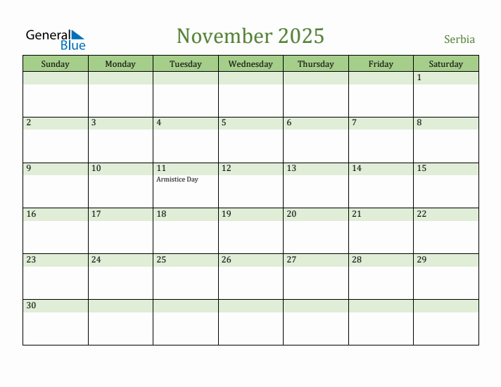 November 2025 Calendar with Serbia Holidays