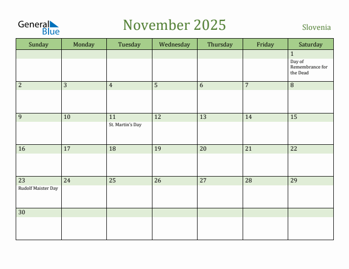 November 2025 Calendar with Slovenia Holidays