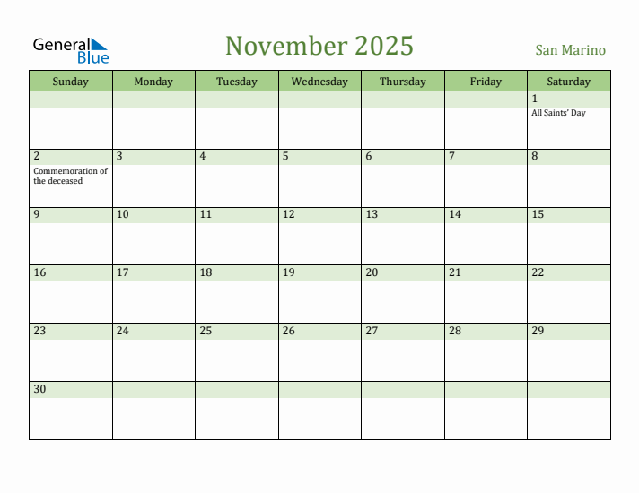 November 2025 Calendar with San Marino Holidays