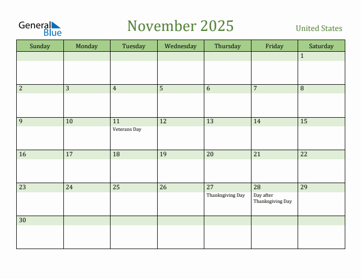 November 2025 Monthly Calendar with United States Holidays