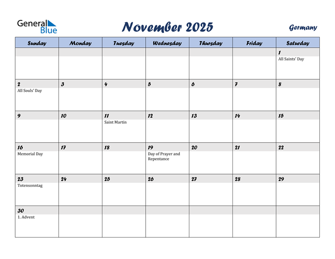 Germany November 2025 Calendar with Holidays