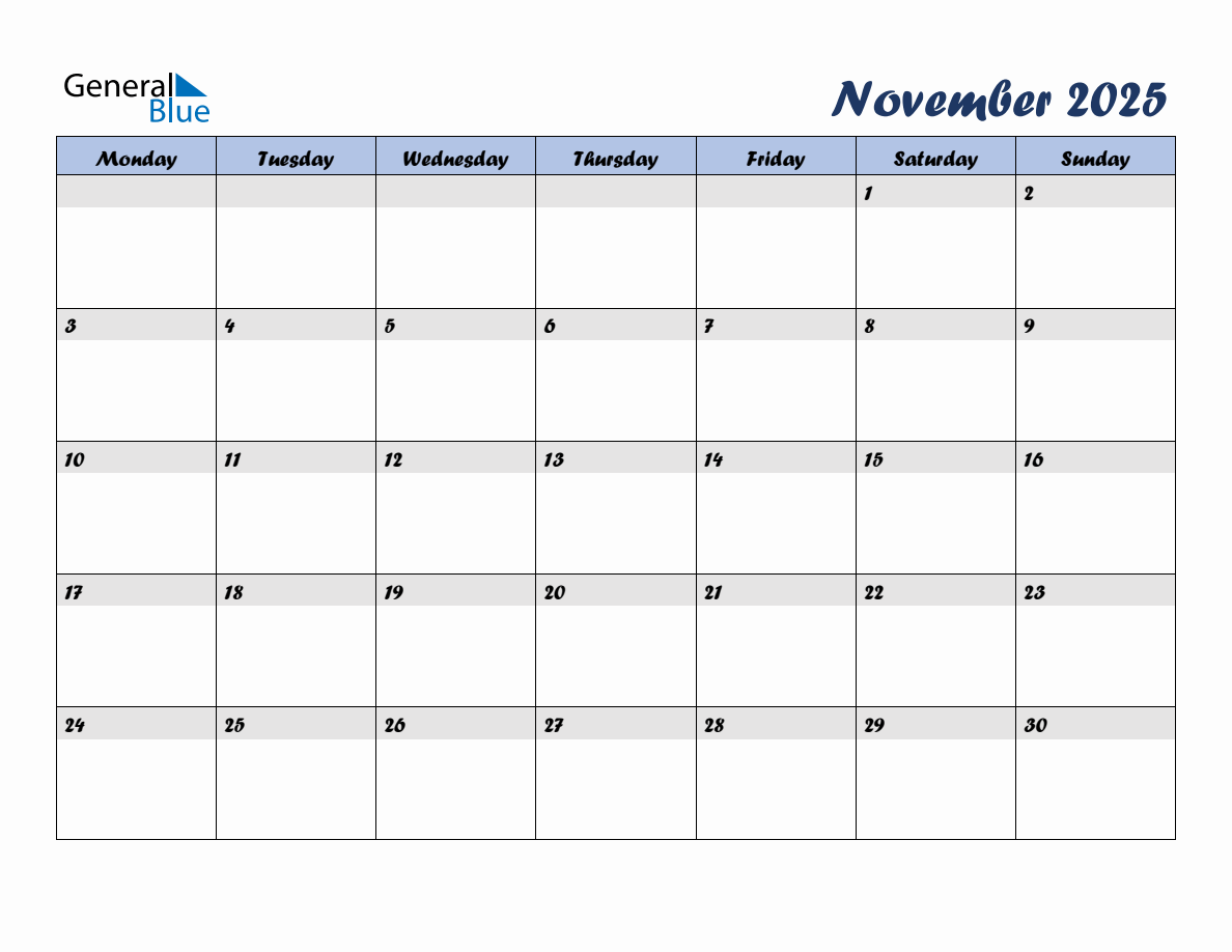 Free November 2025 Monthly Editable Calendar, starting on Monday