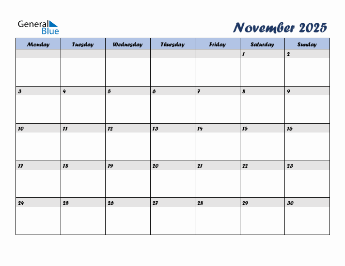 November 2025 Blue Calendar (Monday Start)