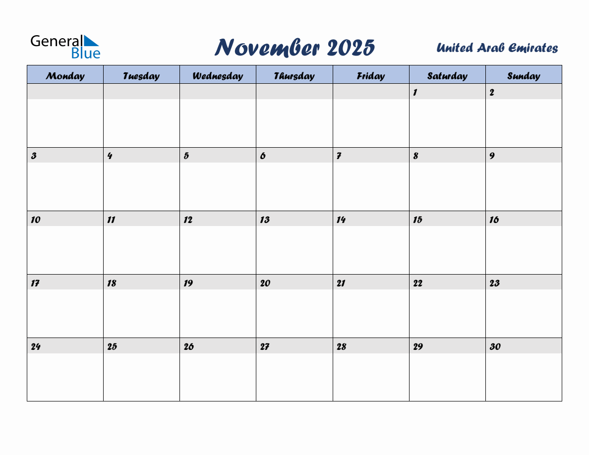 November 2025 Monthly Calendar Template with Holidays for United Arab