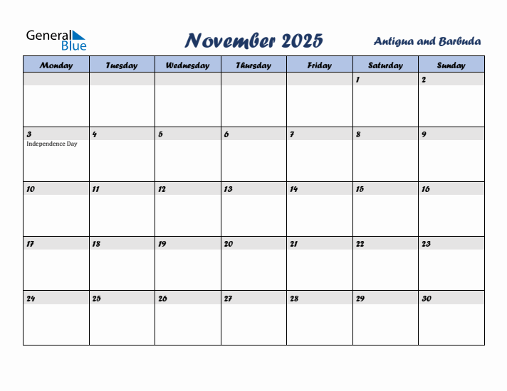 November 2025 Calendar with Holidays in Antigua and Barbuda