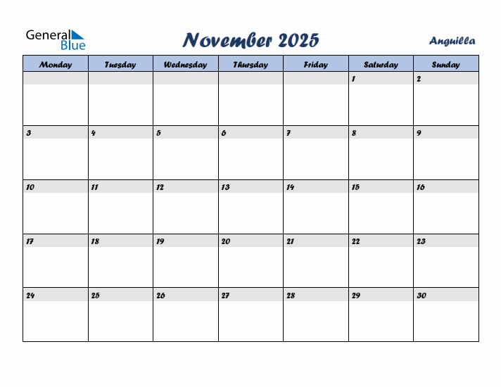 November 2025 Calendar with Holidays in Anguilla