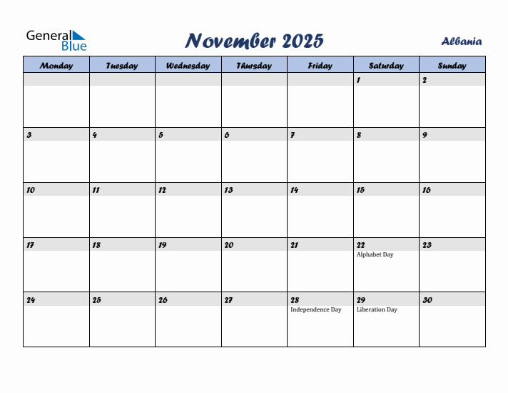 November 2025 Calendar with Holidays in Albania