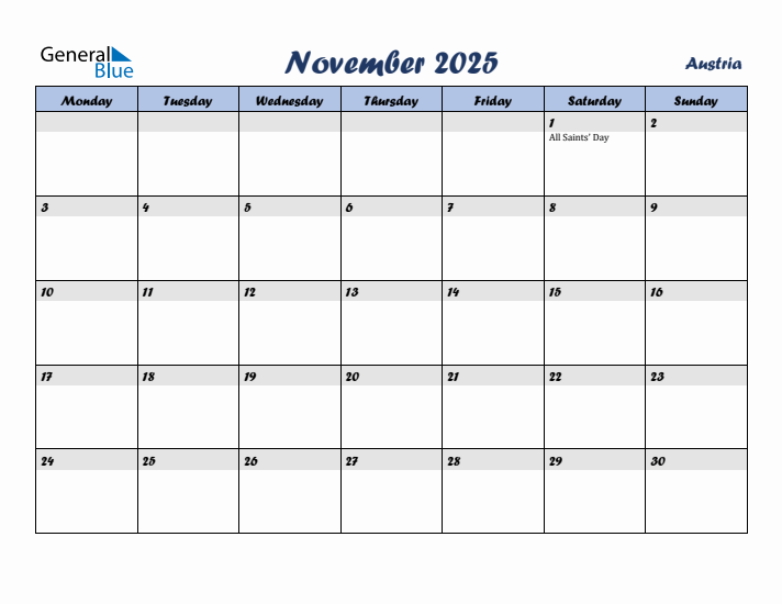 November 2025 Calendar with Holidays in Austria