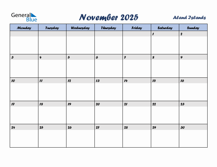 November 2025 Calendar with Holidays in Aland Islands
