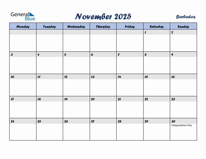 November 2025 Calendar with Holidays in Barbados