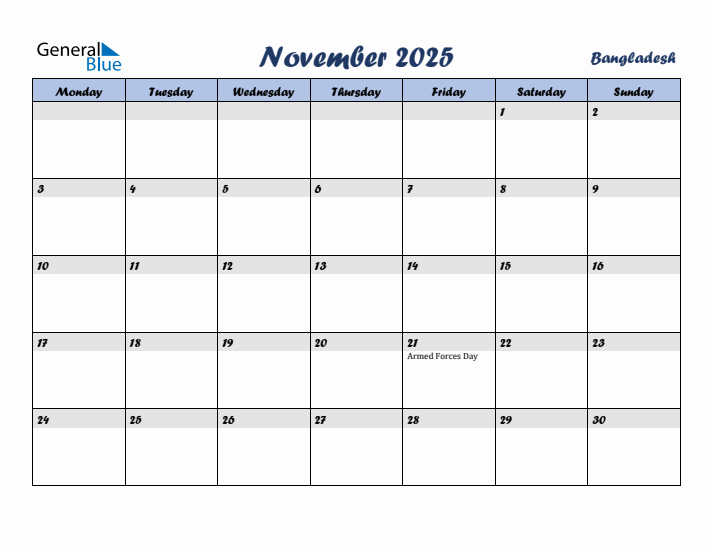 November 2025 Calendar with Holidays in Bangladesh