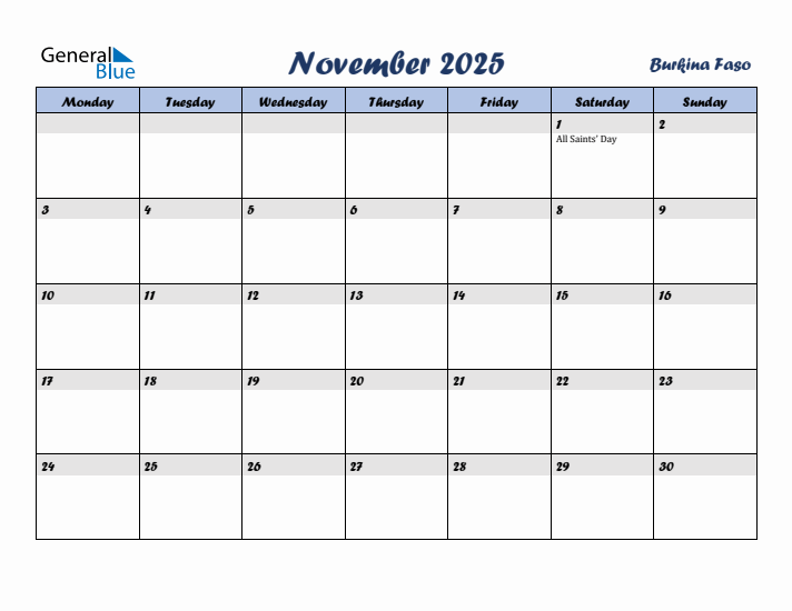 November 2025 Calendar with Holidays in Burkina Faso