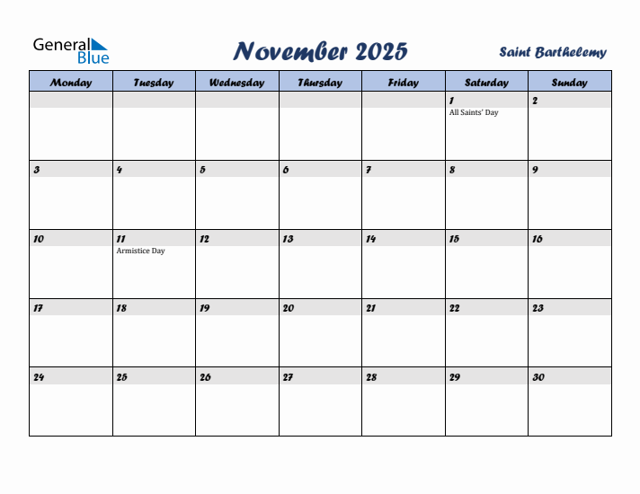 November 2025 Calendar with Holidays in Saint Barthelemy