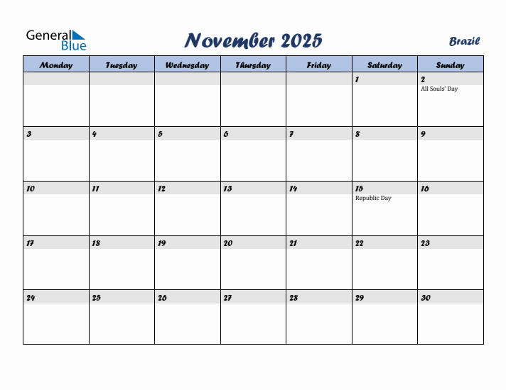 November 2025 Calendar with Holidays in Brazil