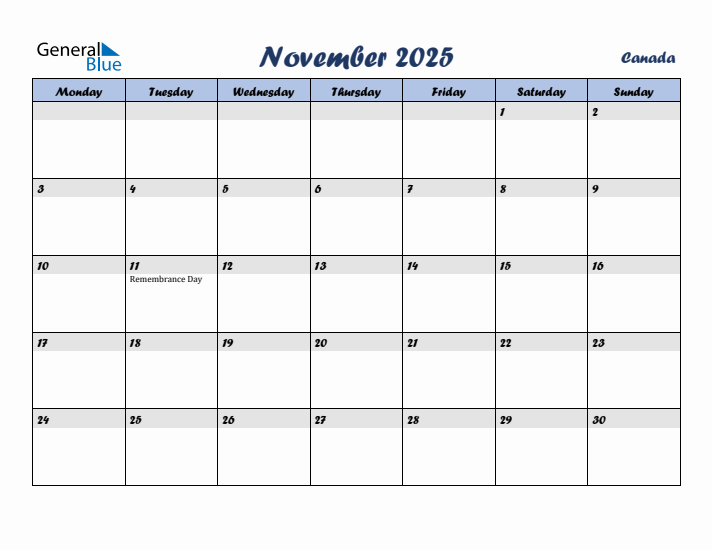 November 2025 Calendar with Holidays in Canada