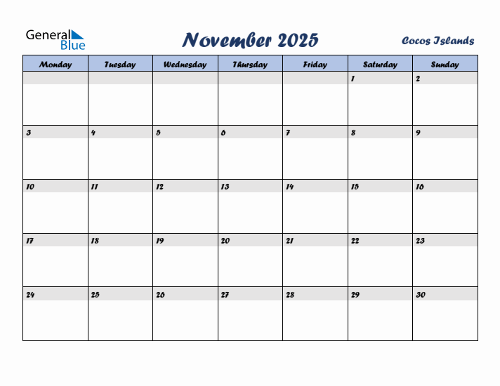November 2025 Calendar with Holidays in Cocos Islands