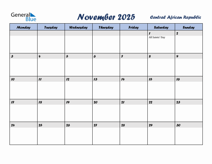 November 2025 Calendar with Holidays in Central African Republic