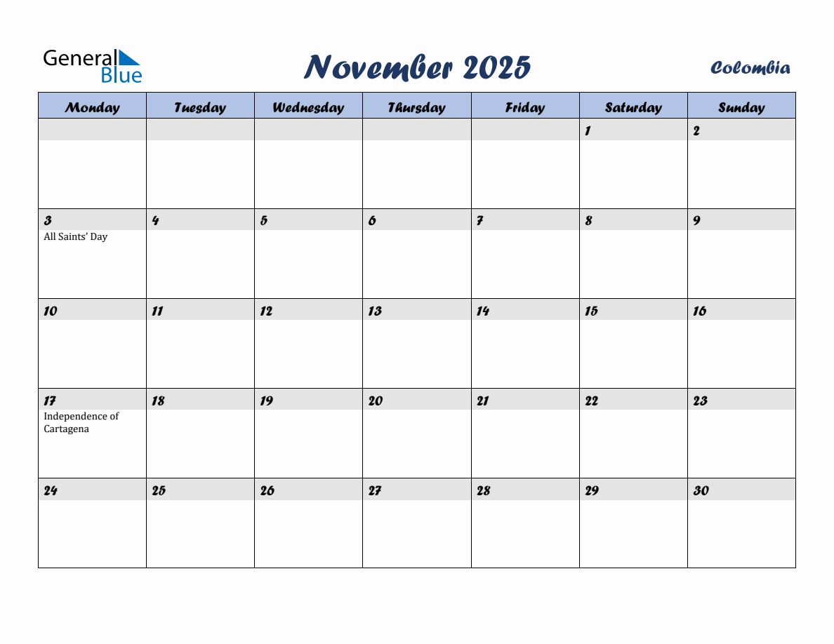 November 2025 Monthly Calendar Template with Holidays for Colombia