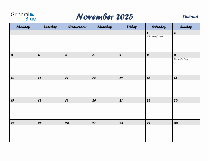 November 2025 Calendar with Holidays in Finland