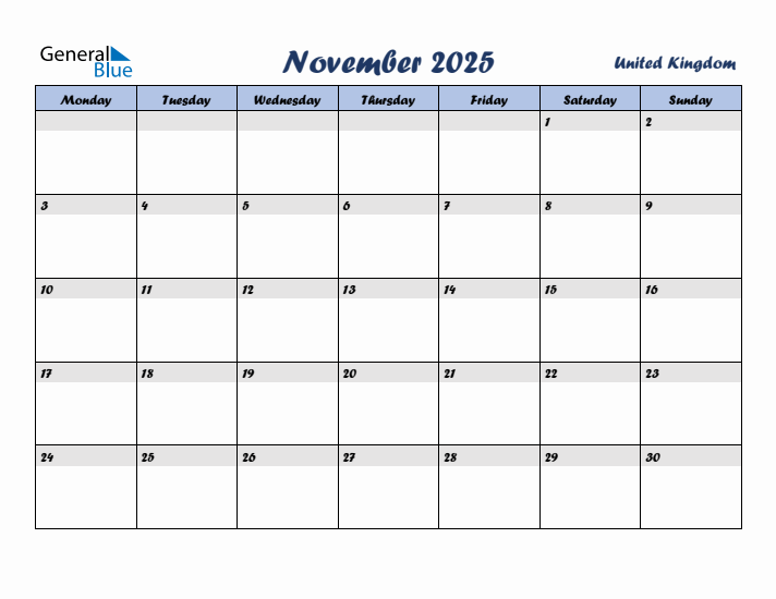 November 2025 Calendar with Holidays in United Kingdom