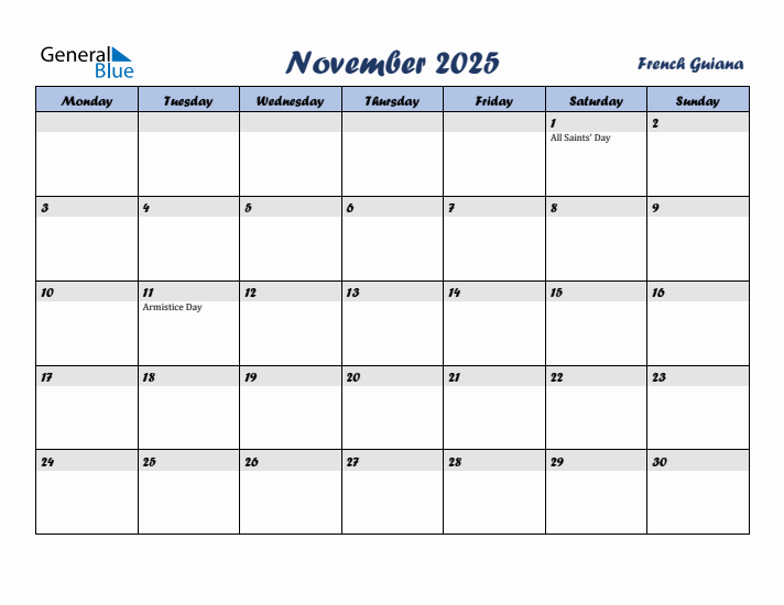 November 2025 Calendar with Holidays in French Guiana