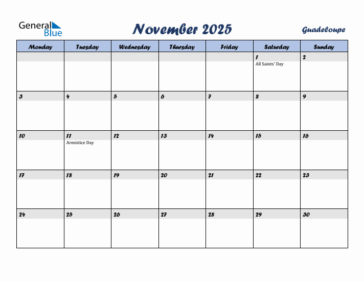 November 2025 Calendar with Holidays in Guadeloupe