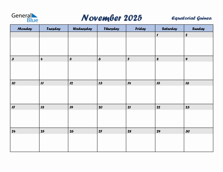 November 2025 Calendar with Holidays in Equatorial Guinea