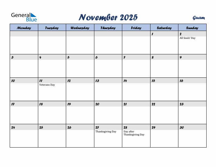 November 2025 Calendar with Holidays in Guam