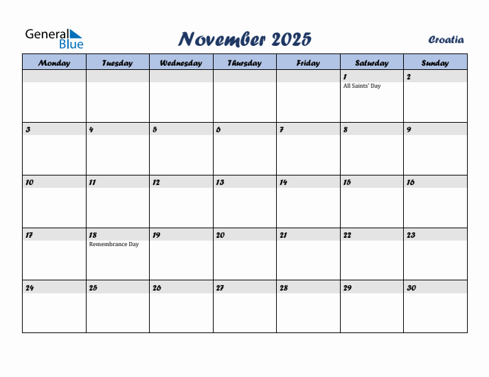 November 2025 Calendar with Holidays in Croatia