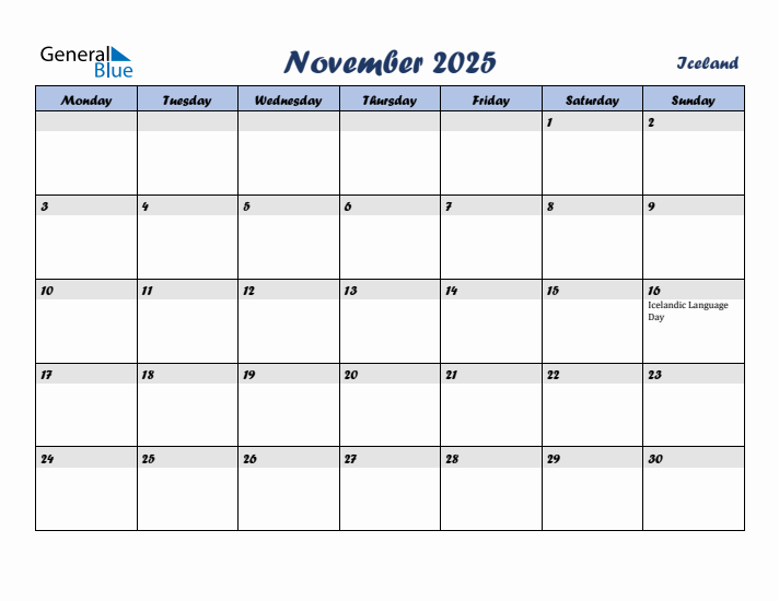 November 2025 Calendar with Holidays in Iceland