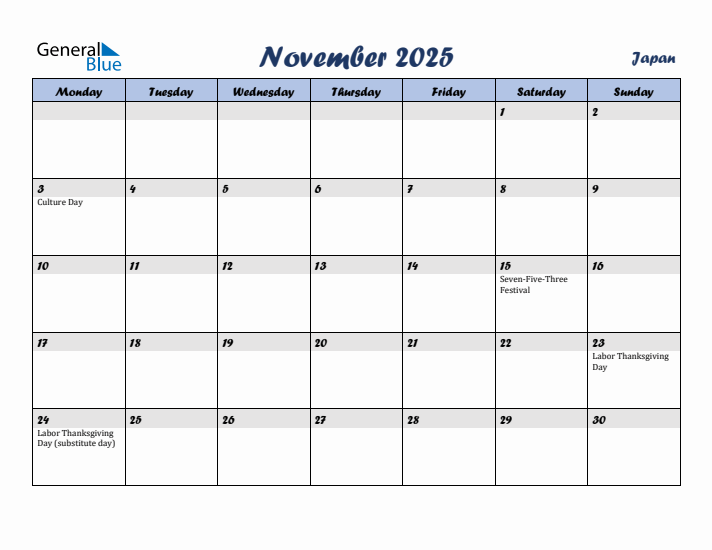 November 2025 Calendar with Holidays in Japan