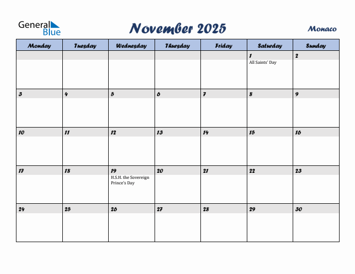November 2025 Calendar with Holidays in Monaco