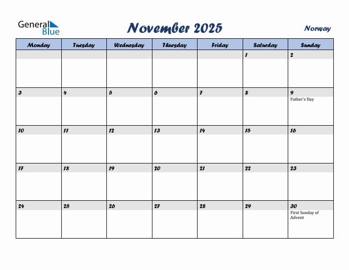 November 2025 Calendar with Holidays in Norway