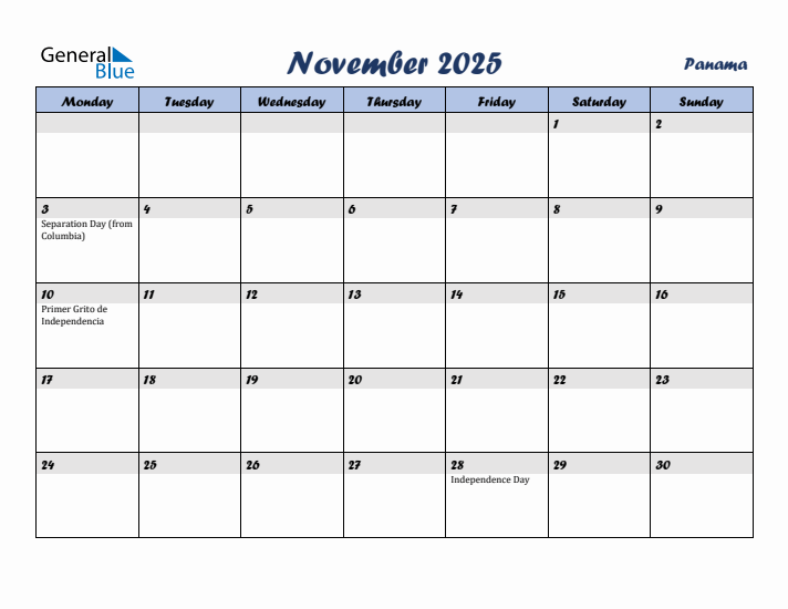 November 2025 Calendar with Holidays in Panama