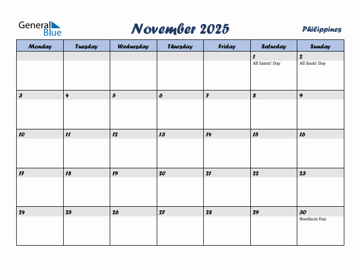 November 2025 Calendar with Holidays in Philippines