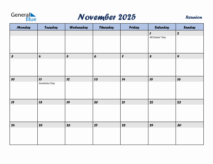 November 2025 Calendar with Holidays in Reunion