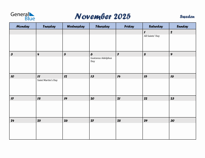 November 2025 Calendar with Holidays in Sweden