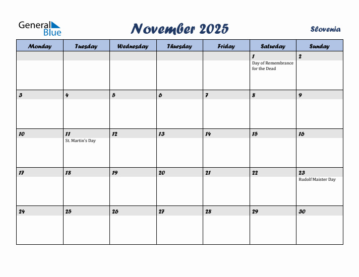November 2025 Calendar with Holidays in Slovenia