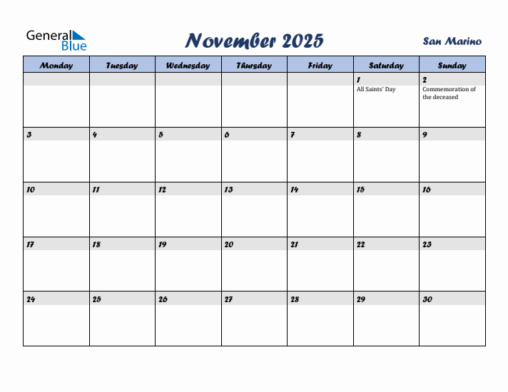 November 2025 Calendar with Holidays in San Marino