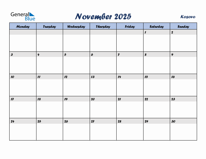 November 2025 Calendar with Holidays in Kosovo