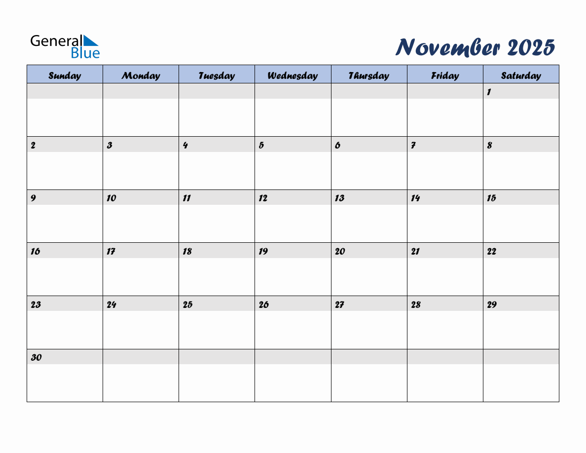 Free November 2025 Monthly Editable Calendar, starting on Sunday