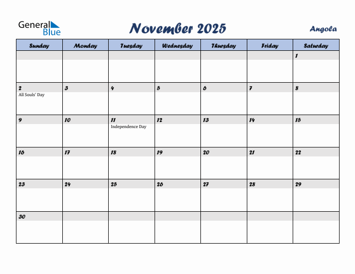 November 2025 Calendar with Holidays in Angola
