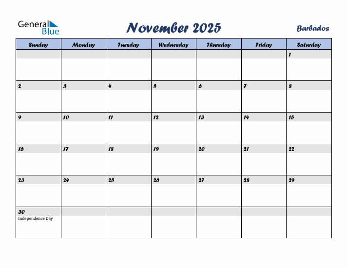 November 2025 Calendar with Holidays in Barbados