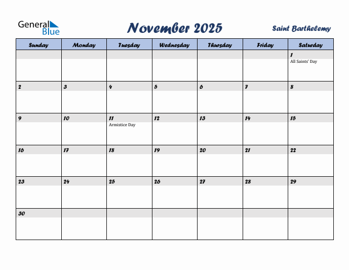 November 2025 Calendar with Holidays in Saint Barthelemy