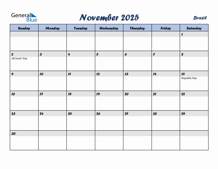 November 2025 Calendar with Holidays in Brazil