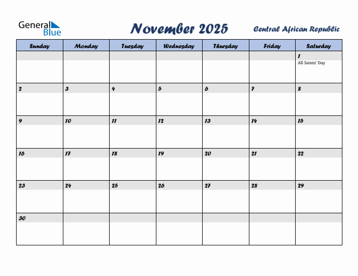 November 2025 Calendar with Holidays in Central African Republic