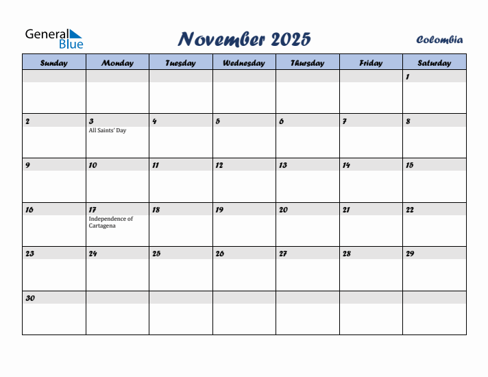 November 2025 Calendar with Holidays in Colombia